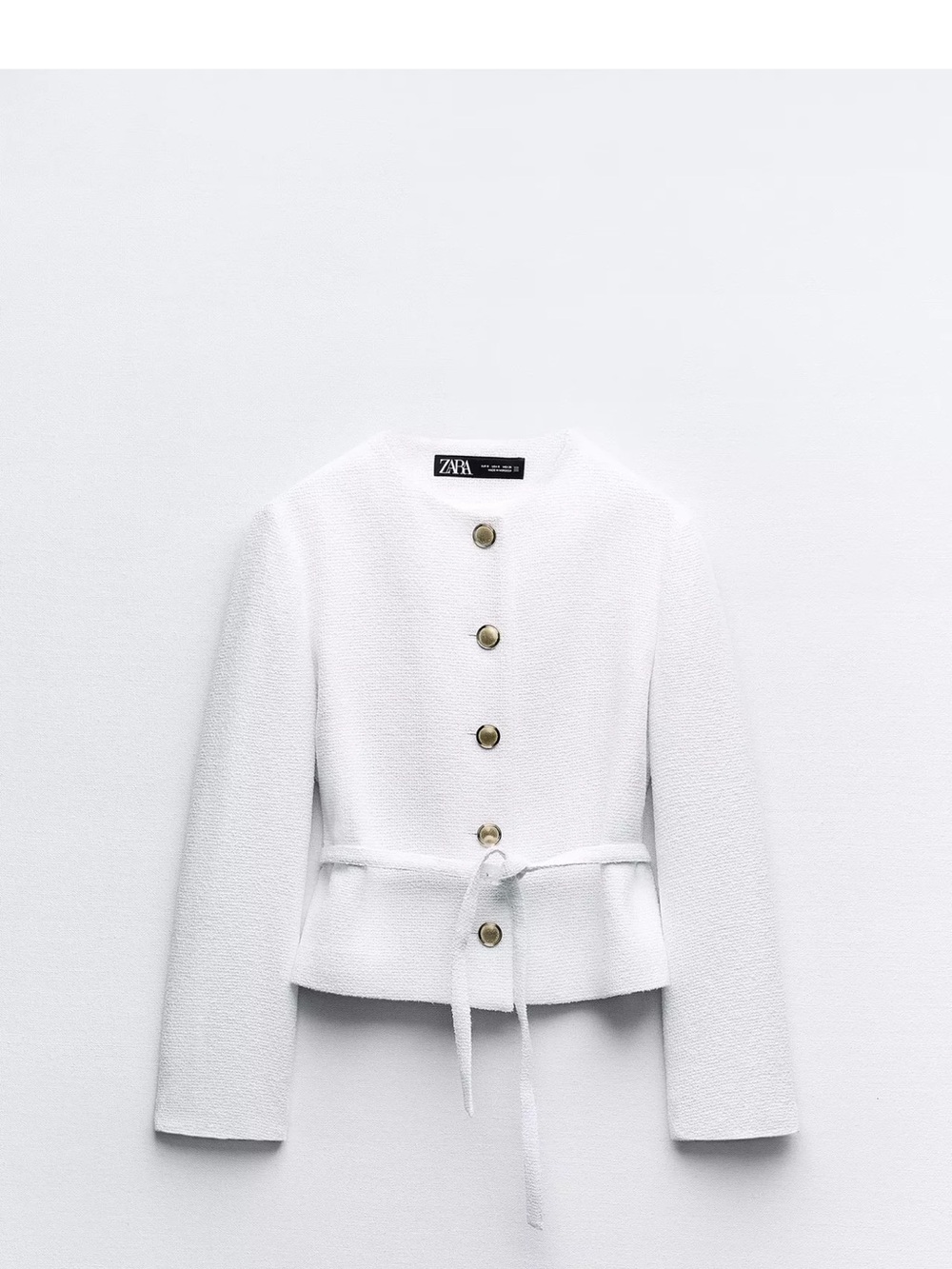ZARA White Textured Belted Jacket with Gold Buttons